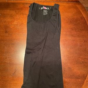 Long length form fitting black tank top